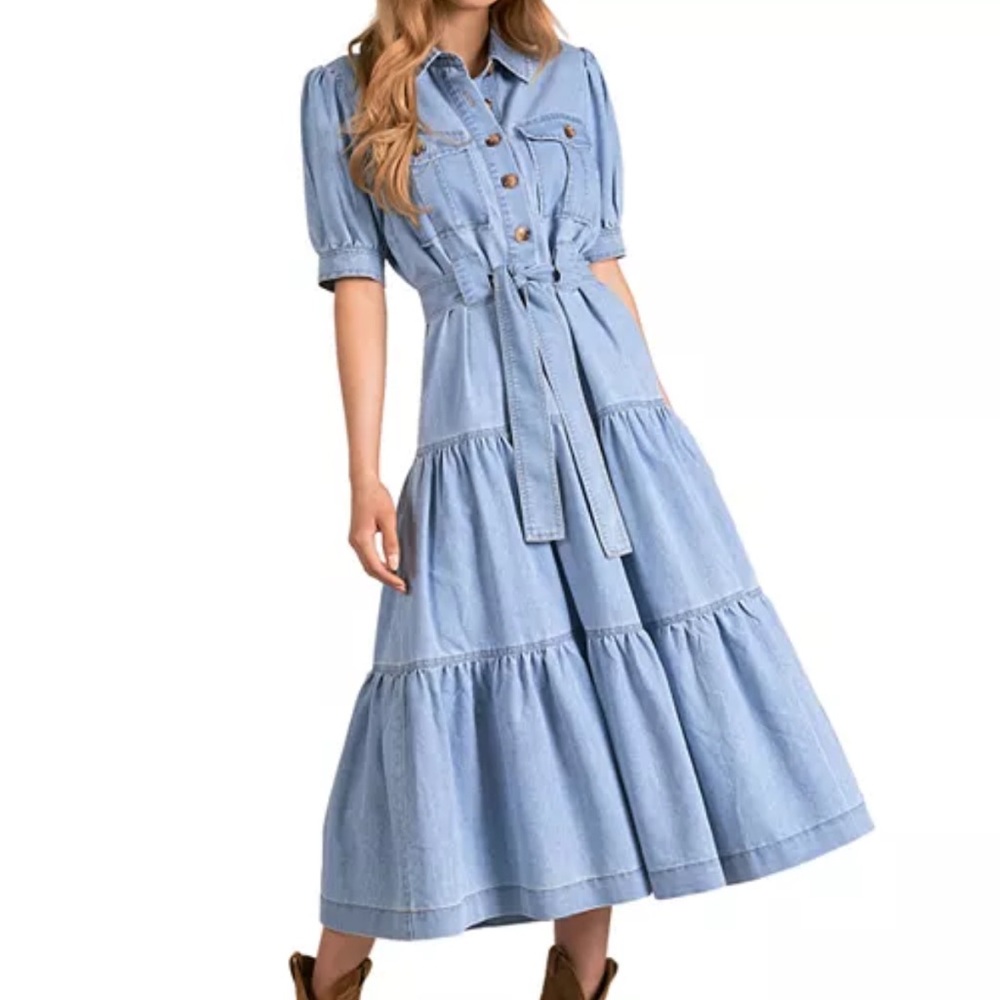 Elan Light Blue Tiered Midi Dress